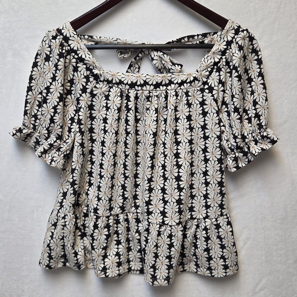 Vintage Womens Top M Daisy Print Peplum Tie Back Puffed Sleeves Flirty Milkmaid